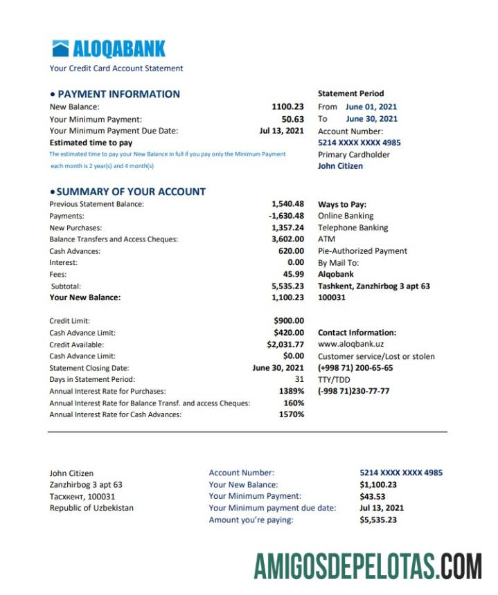 Modelo PDF do Uzbequistão Aacabank Excel